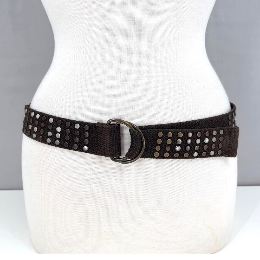 Studded Double D-Ring Belt Womens 14 Webbed Y2K Grunge Brown Rhinestones Vintage